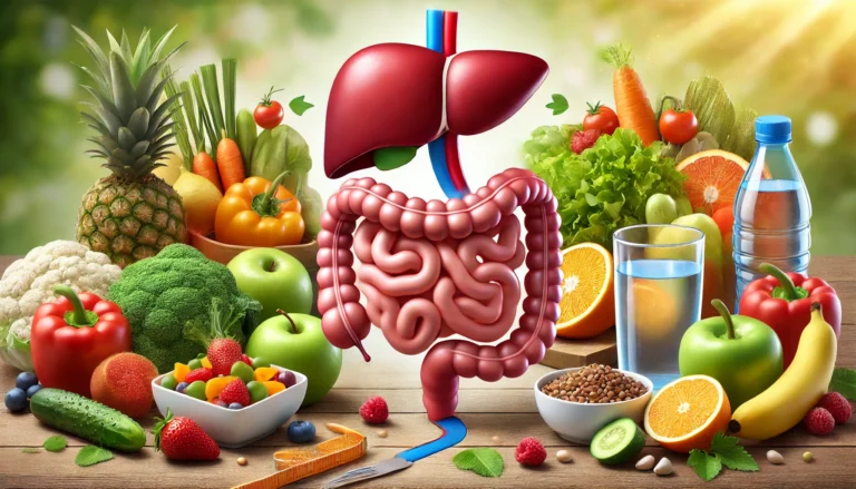 A health-focused illustration featuring a healthy liver and smooth-flowing intestines surrounded by fresh vegetables, fruits, and a glass of water, symbolizing prevention of fatty liver disease and constipation through diet and hydration
