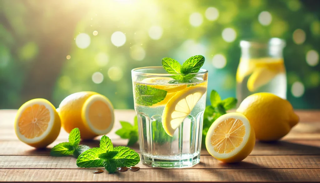Lemon Water for Liver Repair: Does It Really Work for Detox and Fatty Liver? 1 A refreshing glass of lemon water with fresh lemon slices and mint leaves on a wooden table, set against a blurred natural backdrop with greenery and sunlight, symbolizing detox and liver health