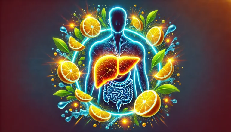 A conceptual illustration of a glowing human liver surrounded by fresh lemon slices and dynamic water splashes, symbolizing detoxification, liver repair, and the cleansing benefits of lemon water