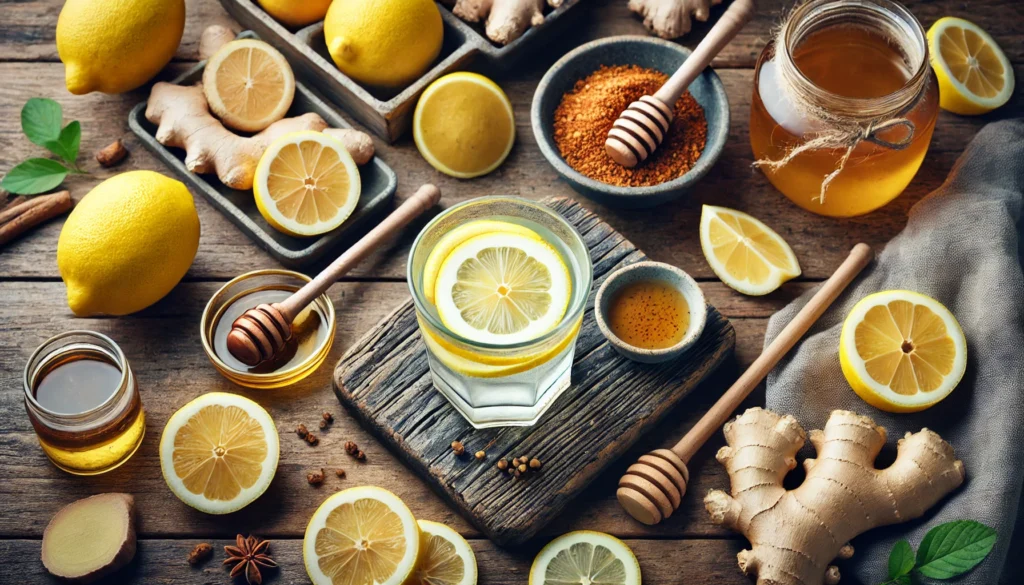 Lemon Water for Liver Repair: Does It Really Work for Detox and Fatty Liver? 2 A top-down view of a detox drink preparation scene featuring sliced lemons, a glass of lemon water, fresh ginger, and honey on a rustic wooden countertop, emphasizing natural liver detox and health benefits
