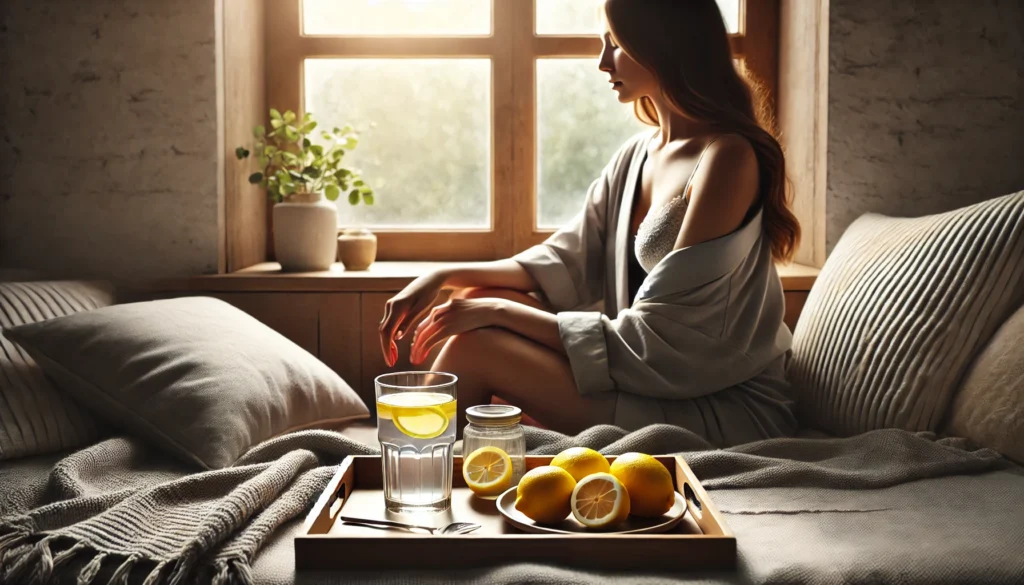 Lemon Water for Liver Repair: Does It Really Work for Detox and Fatty Liver? 3 A peaceful wellness scene with a woman drinking lemon water near a sunlit window, with a tray holding fresh lemons and a glass of lemon water beside her, symbolizing liver detox, health, and relaxation