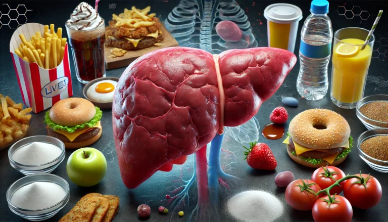 A realistic medical illustration of a human liver with fatty deposits, surrounded by unhealthy foods like fried items and sugary drinks. The liver appears swollen and stressed, visually representing the effects of fatty liver disease