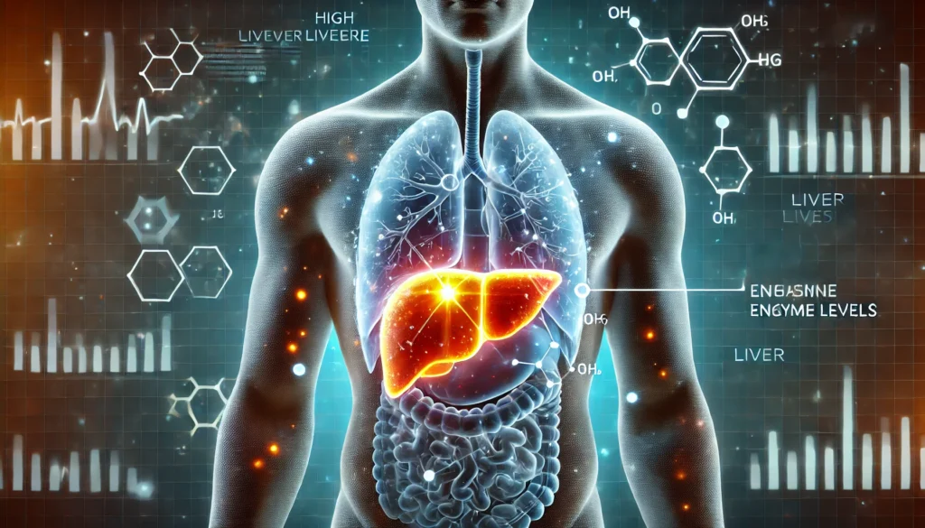 Fatty Liver and High Liver Enzymes: Understanding the Connection and How to Support Liver Health 1 A medical visualization of high liver enzyme levels, depicting a glowing, inflamed liver inside a human torso, surrounded by abstract biochemical markers indicating elevated enzyme levels. The futuristic medical-themed background highlights liver inflammation