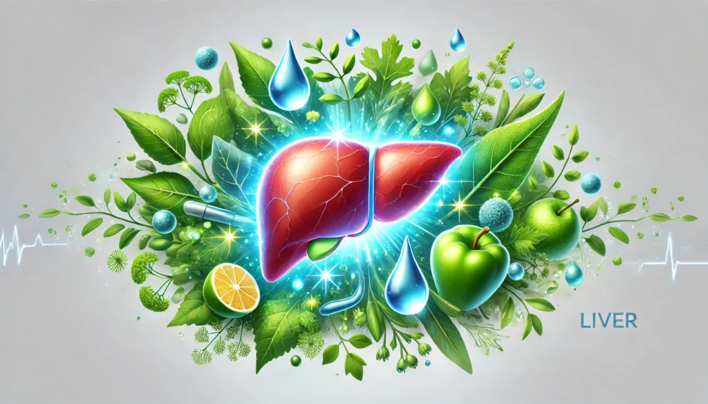 Fatty Liver and High Liver Enzymes: Understanding the Connection and How to Support Liver Health 2 A conceptual illustration of liver detoxification and repair, showcasing a healthy, glowing liver surrounded by green vegetables, water droplets, and herbal leaves. The bright aura symbolizes liver regeneration and overall wellness