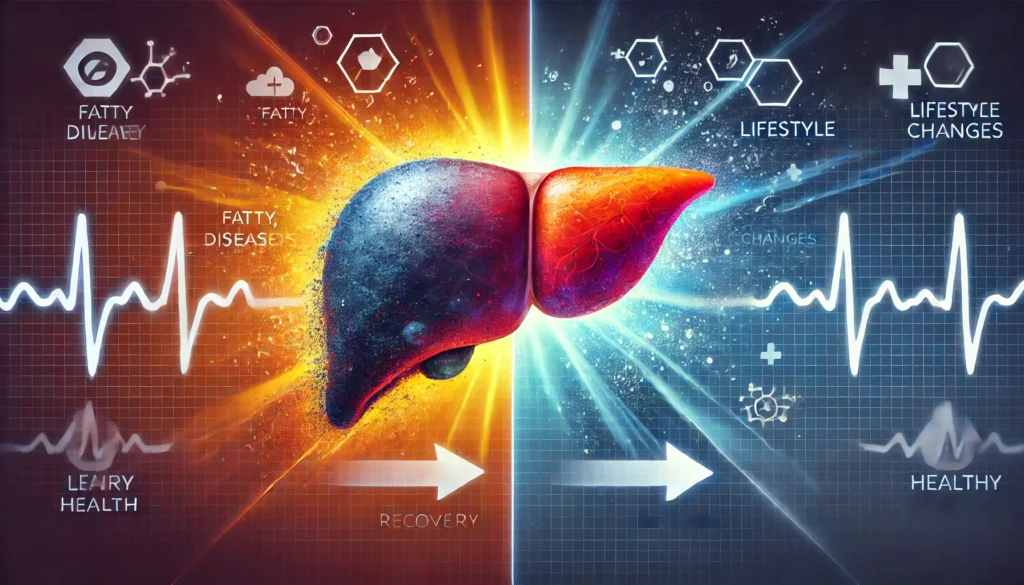 Fatty Liver and High Liver Enzymes: Understanding the Connection and How to Support Liver Health 3 A medical-themed artistic representation of liver health improvement, illustrating a side-by-side comparison of a fatty, diseased liver transitioning into a healthy, vibrant liver. The gradient background from dark to bright symbolizes recovery and medical support