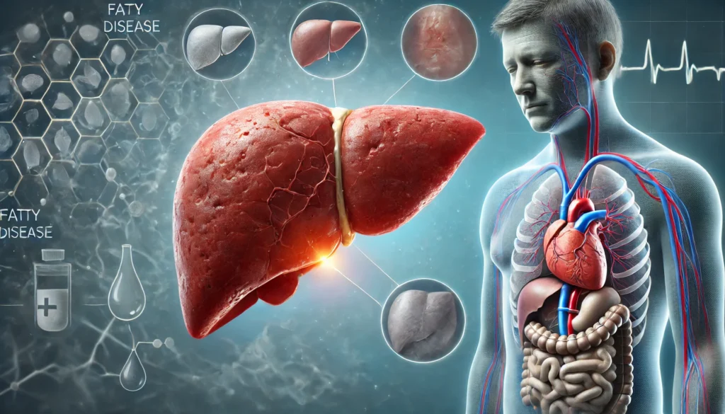 Fatty Liver and Extreme Fatigue: How a Tired Liver Affects Your Energy and What to Do About It 1 A realistic medical illustration of a human liver affected by fatty liver disease, showing an enlarged organ with visible fat deposits and inflammation. The background subtly depicts sluggish blood flow and a fatigued person, emphasizing the connection between liver health and energy levels