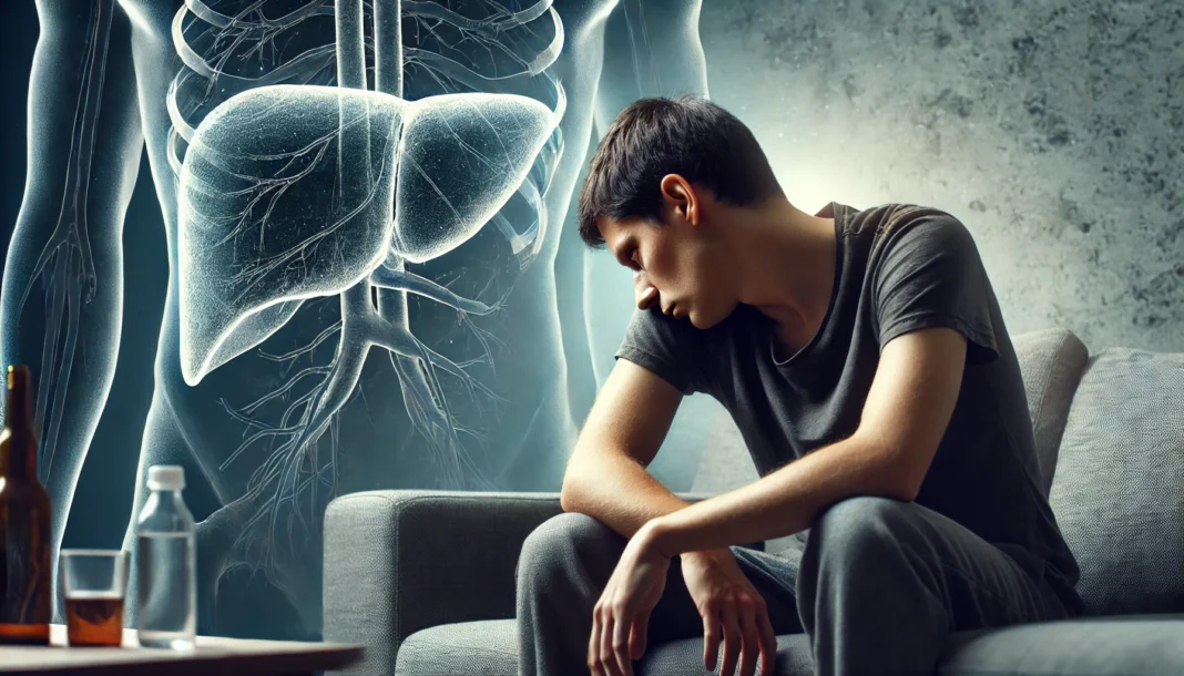 A fatigued person slouched on a couch, with dark circles under their eyes, heavy eyelids, and a pale complexion, conveying extreme tiredness. The background subtly incorporates an anatomical liver overlay, hinting at liver dysfunction as the cause of exhaustion. Dim lighting enhances the feeling of low energy