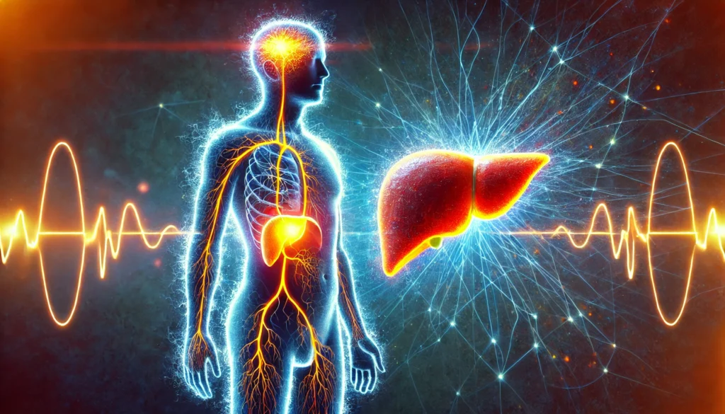 Fatty Liver and Extreme Fatigue: How a Tired Liver Affects Your Energy and What to Do About It 2 A conceptual digital illustration of a human silhouette with a sluggish, fat-laden liver overlay. Dim energy pathways contrast with the expected vibrant flow, visually depicting the impact of fatty liver on overall vitality and fatigue. The glowing figure suggests an energy imbalance due to liver dysfunction