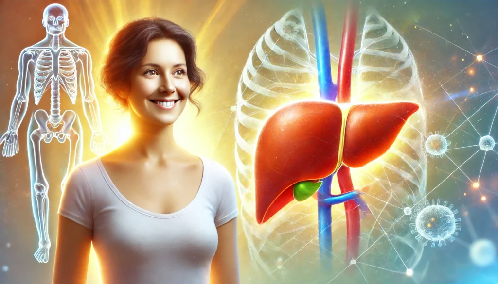 Fatty Liver and Extreme Fatigue: How a Tired Liver Affects Your Energy and What to Do About It 3 A vibrant and uplifting illustration of a person looking refreshed and full of energy, symbolizing liver recovery. In the background, a healthy, well-functioning liver is depicted, glowing with vitality. Warm lighting and soft colors enhance the feeling of renewal, improved well-being, and restored energy