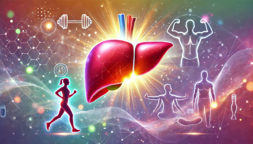 A vibrant and healthy liver with a glowing aura, symbolizing improved liver function. The background subtly integrates abstract representations of exercise activities such as jogging, yoga, and weightlifting, conveying the link between physical activity and liver health