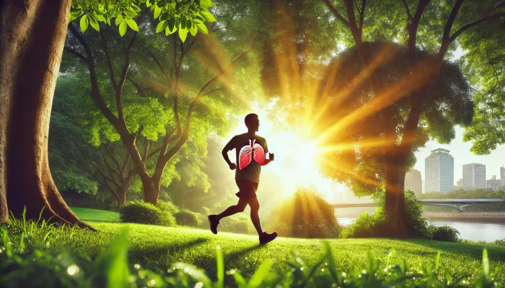How Exercise Supports Liver Health: Best Workouts for Fatty Liver and Cirrhosis Prevention 1 A person jogging in a lush green park during sunrise, symbolizing the benefits of cardiovascular exercise for liver health. The warm sunlight filtering through the trees represents improved circulation and fat metabolism, essential for fatty liver prevention
