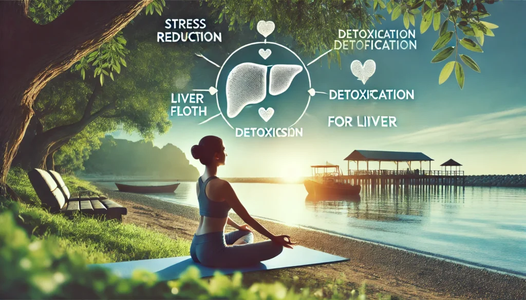 How Exercise Supports Liver Health: Best Workouts for Fatty Liver and Cirrhosis Prevention 2 A serene yoga session with a person practicing yoga in a peaceful outdoor setting, such as a beach or garden. The calming atmosphere represents stress reduction and detoxification benefits, supporting liver health through improved blood flow and relaxation