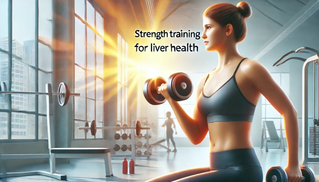 How Exercise Supports Liver Health: Best Workouts for Fatty Liver and Cirrhosis Prevention 3 A person lifting light weights in a modern gym, symbolizing strength training for liver health. The bright and energetic setting highlights the benefits of resistance exercises in reducing fatty liver disease, with a focus on muscle engagement for improved liver function and fat metabolism