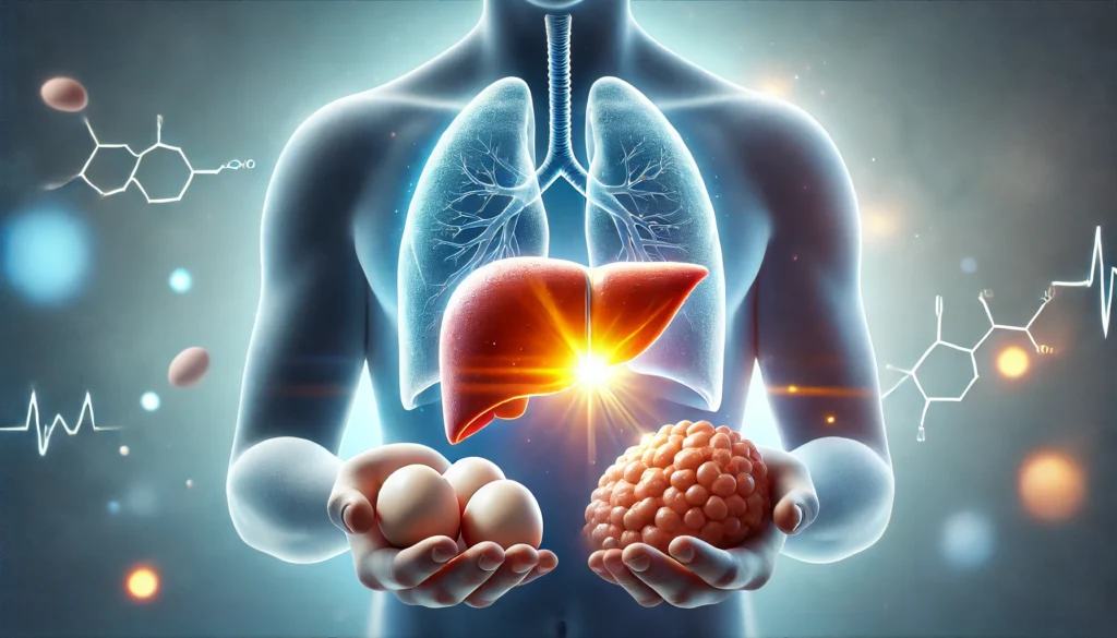 Are Eggs Good or Bad for Fatty Liver? The Truth About Their Impact on Liver Health 1 A realistic depiction of a healthy human liver glowing inside a body silhouette, with eggs on one side and a fatty, unhealthy liver on the other, symbolizing the contrast between health and disease. Soft medical-style blue background emphasizes liver health