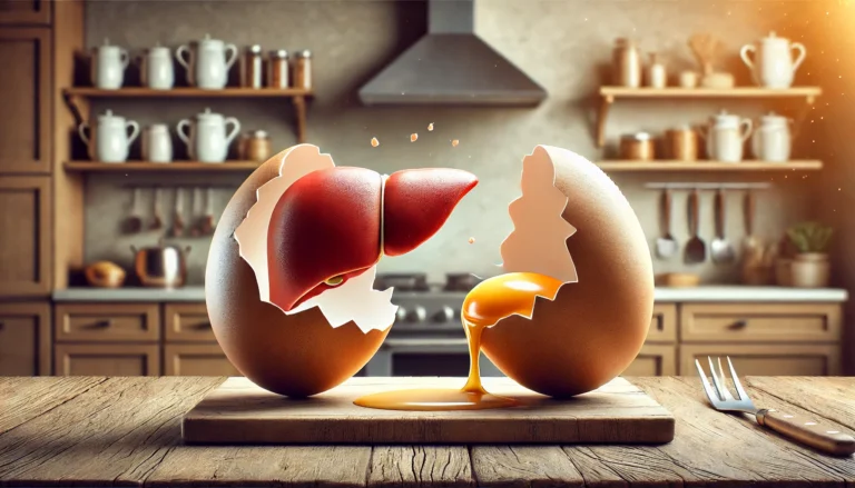 Conceptual image of eggs breaking open to reveal either a healthy liver or a fatty, diseased liver, symbolizing their potential impact on liver health. The setting is a neutral kitchen with warm lighting, representing dietary choices and consequences