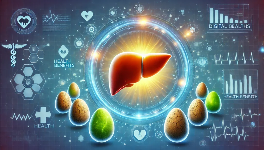 Are Eggs Good or Bad for Fatty Liver? The Truth About Their Impact on Liver Health 2 A medical-style visualization of a human liver inside a glowing shield, symbolizing protection and health. Surrounding eggs glow green for benefits or appear dark and cracked for harm, with a futuristic blue background featuring digital health icons