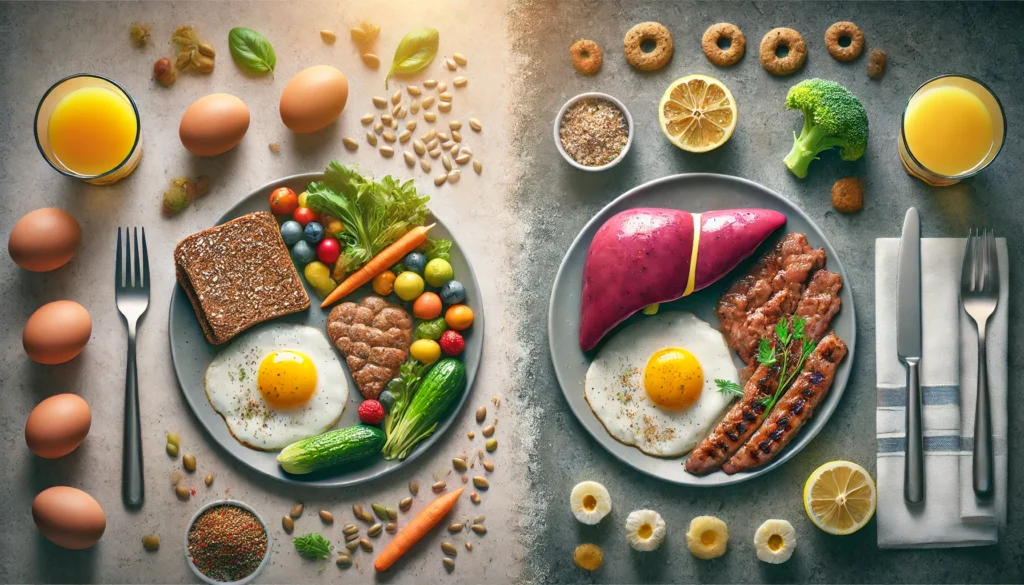 Are Eggs Good or Bad for Fatty Liver? The Truth About Their Impact on Liver Health 3 A split-screen concept of two different breakfasts: one with eggs, vegetables, and whole grains leading to a glowing, healthy liver; the other with greasy, high-fat foods leading to a fatty, unhealthy liver. The background subtly transitions from light to dark, emphasizing the contrast in dietary choices and liver health outcomes