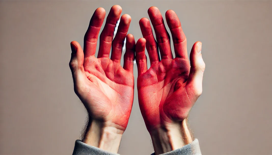 Close-up of a person's hands displaying red, irritated palms, a potential early sign of liver damage. The redness is prominent against a neutral medical background, emphasizing skin texture and inflammation
