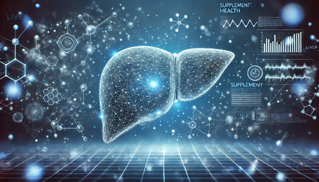 Is Dose for Your Liver Legit? A Science-Backed Review of This Liver Support Supplement 2 A futuristic digital wireframe liver in a high-tech, blue-toned medical environment, surrounded by floating scientific data, molecules, and glowing particles, symbolizing research-backed liver support