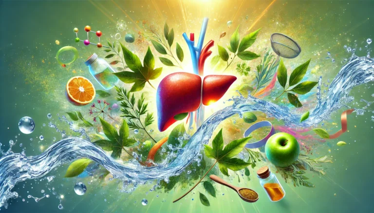 A vibrant, healthy liver being cleansed by a natural energy flow, surrounded by splashing purified water, green leaves, and herbal extracts, symbolizing detoxification and liver support
