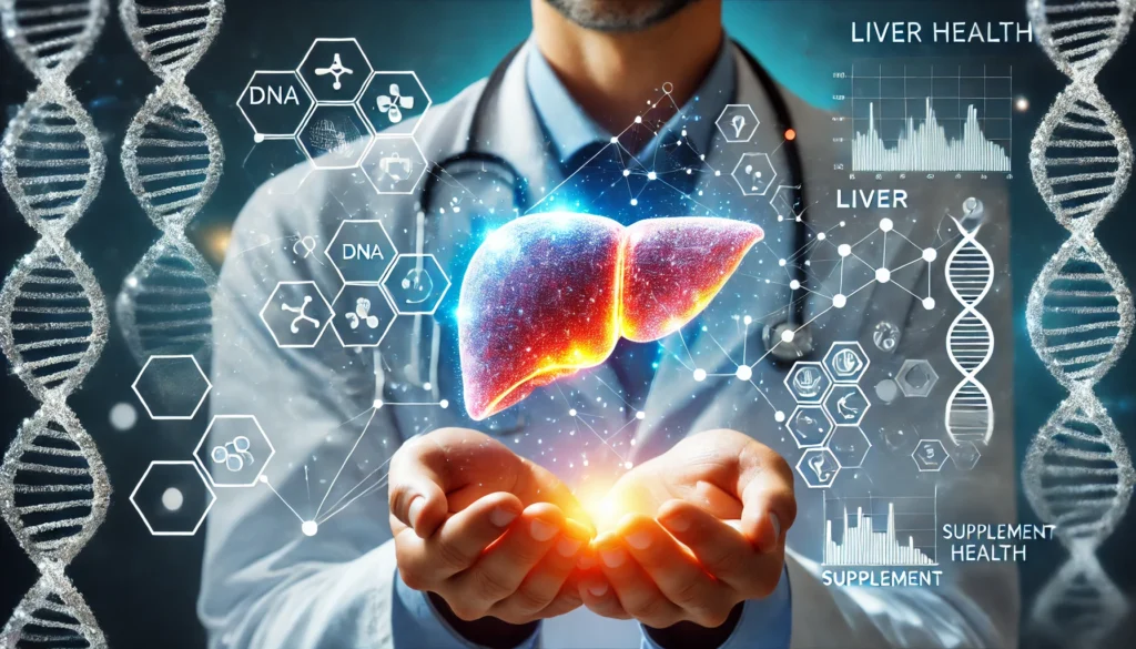 Is Dose for Your Liver Legit? A Science-Backed Review of This Liver Support Supplement 3 A doctor's hand holding a glowing, semi-transparent liver hologram, surrounded by medical symbols, DNA strands, and molecular structures, symbolizing scientific research and supplement validation