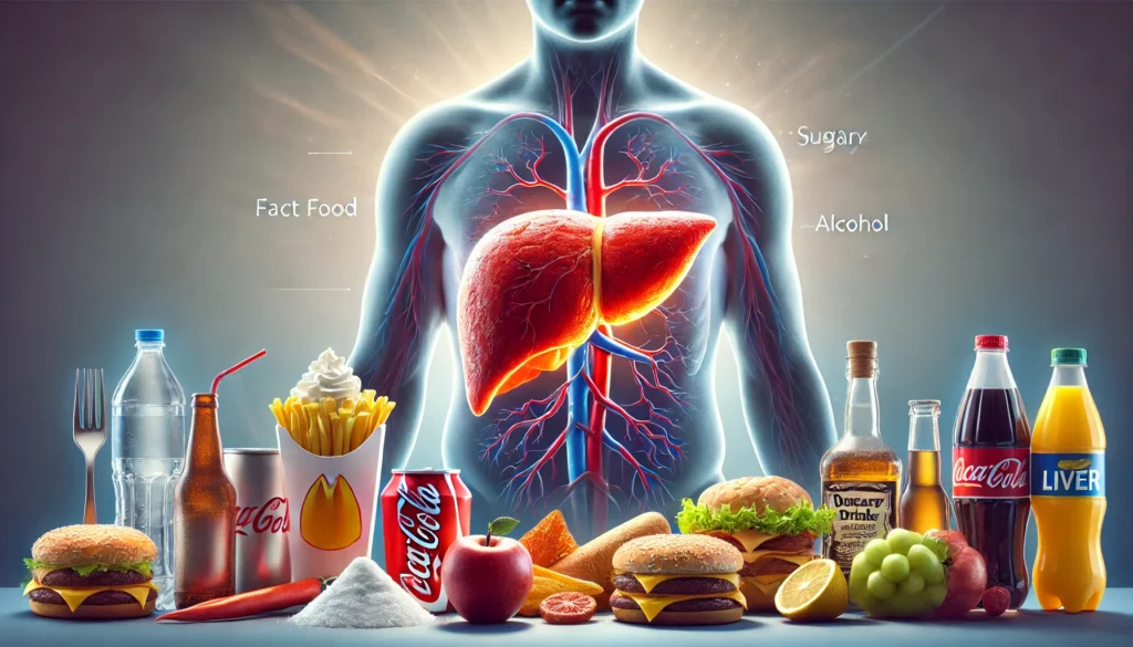 How Liver Health Affects Your Weight: Can Liver Problems Cause Weight Gain? 1 A realistic digital painting of an inflamed human liver surrounded by unhealthy foods, including fast food, sugary drinks, and alcohol, symbolizing poor liver health leading to weight gain