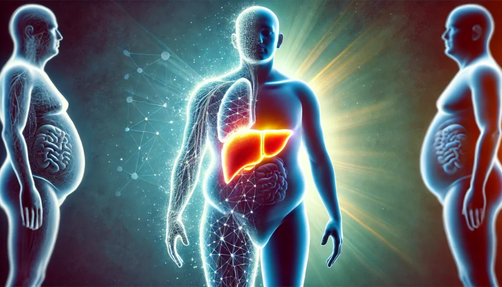 How Liver Health Affects Your Weight: Can Liver Problems Cause Weight Gain? 2 Conceptual illustration of a human silhouette with a glowing overworked liver, showing the transformation from a fit body to an overweight figure due to liver dysfunction