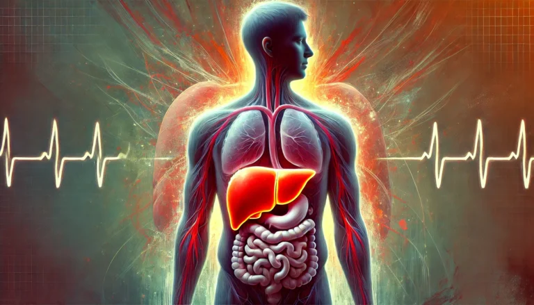 Symbolic artistic depiction of a person with a glowing red, burdened liver, weighed down by excess fat, visually illustrating the connection between liver distress and weight gain