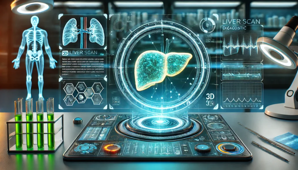 A high-tech medical laboratory with futuristic diagnostic equipment analyzing a holographic 3D liver scan. The liver projection glows with detailed medical data surrounding it, representing advanced liver screening methods in a modern, sterile environment