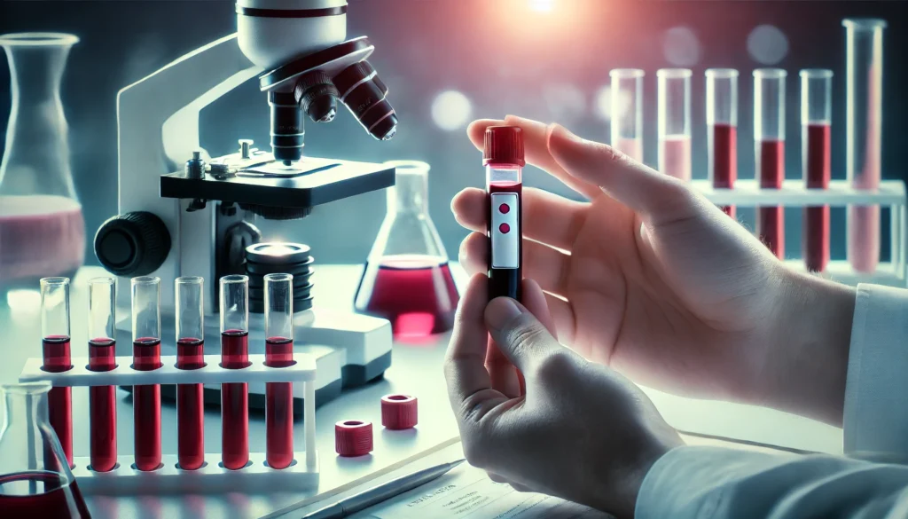 How to Test for Liver Disease: Essential Screening Methods and What They Reveal 2 A close-up view of a doctor’s hands holding a blood sample vial in a laboratory, with a high-tech microscope and test tubes in the background. The image highlights blood testing as a key method for liver disease diagnosis, showcasing precision and medical expertise