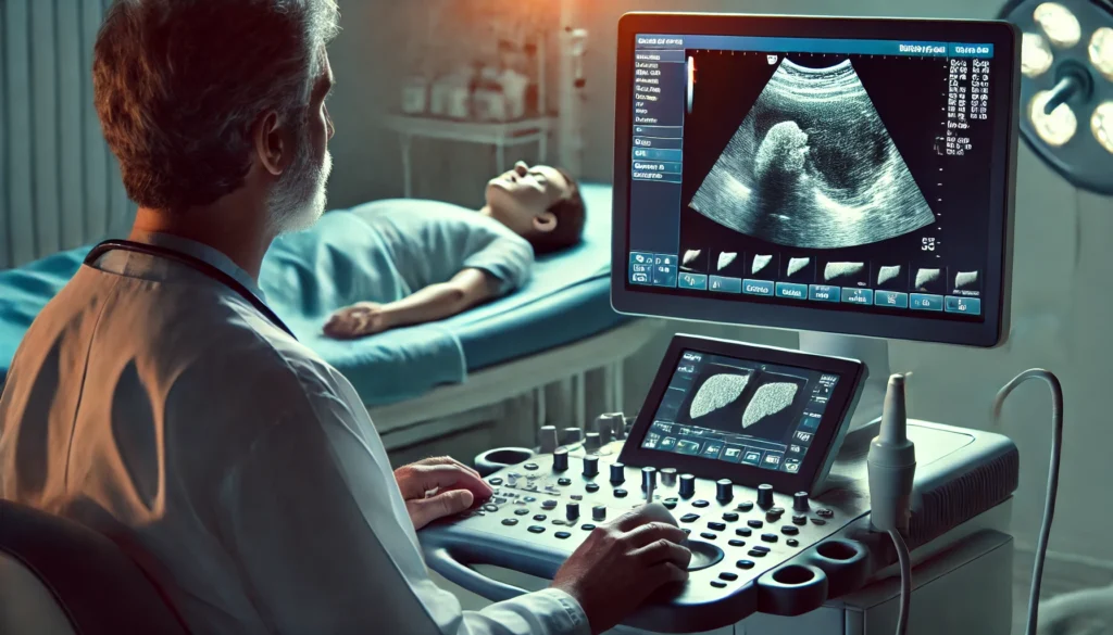 How to Test for Liver Disease: Essential Screening Methods and What They Reveal 3 A medical imaging room where a patient is undergoing an ultrasound scan. The ultrasound monitor displays a detailed liver scan with varying textures, while a technician carefully adjusts the scanner for accurate liver disease detection. The setting is well-lit with a clinical atmosphere