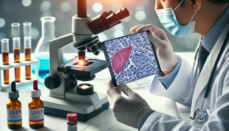 A medical professional examining a liver biopsy sample under a high-powered microscope. The microscope’s viewfinder displays detailed liver cells, highlighting tissue analysis as a crucial method for liver disease detection. The scene is set in a sterile and well-equipped pathology laboratory