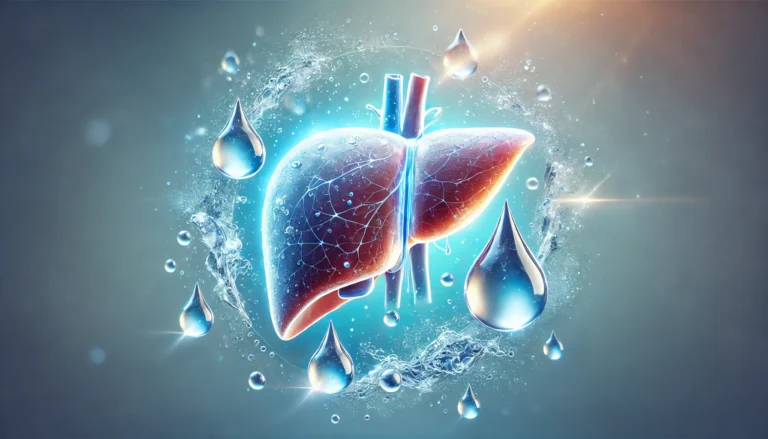 A glowing, healthy human liver surrounded by crystal-clear water, symbolizing hydration and liver vitality. Water droplets and ripples enhance the sense of purification, with a soft blue gradient background for freshness
