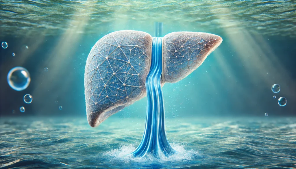 Does Drinking Water Help Your Liver? The Science Behind Hydration and Liver Health 1 A surreal depiction of a semi-transparent liver with streams of pure blue water flowing through it, symbolizing hydration and detoxification. The background features a clean aquatic environment, emphasizing purification and liver health