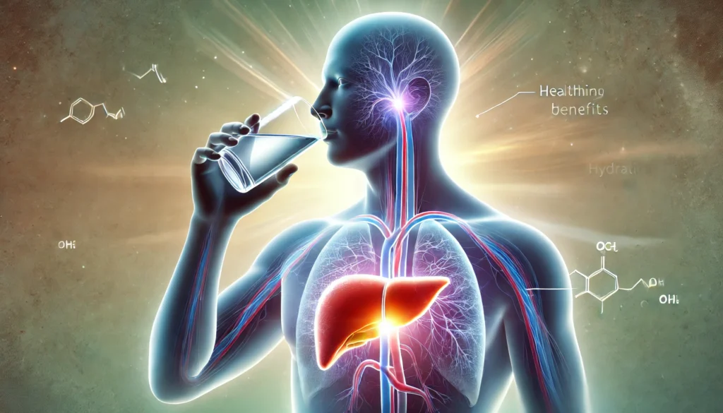 Does Drinking Water Help Your Liver? The Science Behind Hydration and Liver Health 2 A conceptual illustration of a person drinking a glass of water, with a glowing liver inside their body. The water flows toward the liver, symbolizing hydration benefits. The background features a soft medical-themed gradient with a healthy energy aura