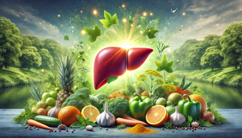 How to Reverse Fatty Liver Disease: Science-Backed Strategies for Detoxification and Wellness 1 A realistic digital painting of a healthy human liver glowing with vitality, surrounded by fresh green vegetables, fruits, and detoxifying herbs like turmeric and garlic. The background features a serene, natural setting symbolizing wellness and healing