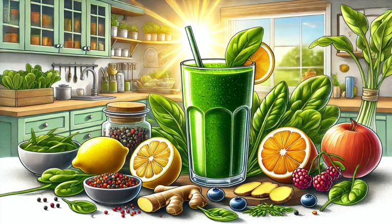 A detailed digital illustration of a detoxifying green smoothie in a glass, surrounded by fresh ingredients like spinach, lemon, ginger, and berries. The background features a vibrant, sunlit kitchen setting, symbolizing health and rejuvenation