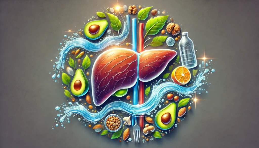 How to Reverse Fatty Liver Disease: Science-Backed Strategies for Detoxification and Wellness 3 A visually rich digital illustration of a clean and hydrated human liver, encircled by flowing water and nutritious foods like avocados, nuts, and fish. The image symbolizes hydration, balanced nutrition, and liver detoxification in a natural and artistic way