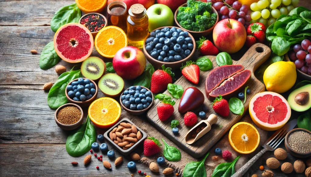 Best Diet Chart for Fatty Liver: Essential Foods to Support Liver Health 1 A colorful assortment of fresh, liver-friendly foods displayed on a wooden table, including apples, berries, citrus fruits, leafy greens, nuts, seeds, and olive oil, arranged under natural lighting for a visually appealing and healthy diet concept