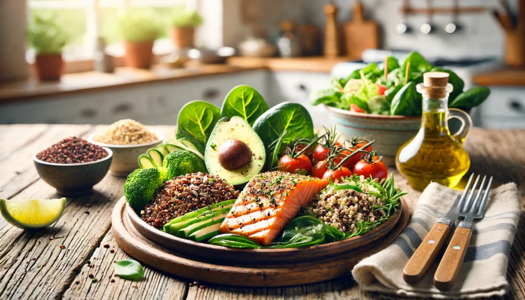 Best Diet Chart for Fatty Liver: Essential Foods to Support Liver Health 2 A nutritious meal featuring a grilled salmon fillet, avocado slices, quinoa, and steamed vegetables, beautifully arranged on a wooden plate with fresh herb garnishes and a drizzle of olive oil, set against a rustic kitchen backdrop