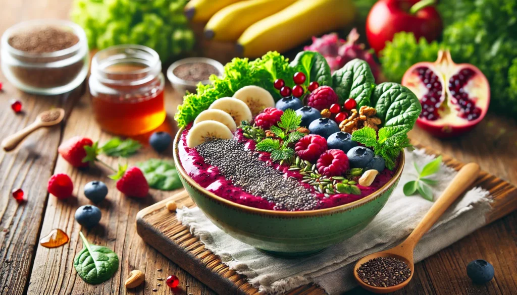 Best Diet Chart for Fatty Liver: Essential Foods to Support Liver Health 3 A colorful smoothie bowl made with antioxidant-rich berries, leafy greens, chia seeds, and honey, topped with sliced bananas, nuts, and flaxseeds, placed on a rustic wooden table with fresh ingredients in the background