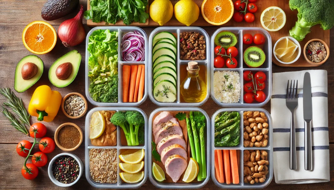 A top-down view of a well-organized meal prep setup for liver health, showcasing pre-portioned containers filled with fresh vegetables, lean chicken breast, whole grains, avocado, and olive oil, arranged neatly on a wooden surface with fresh herbs and citrus fruits in the background