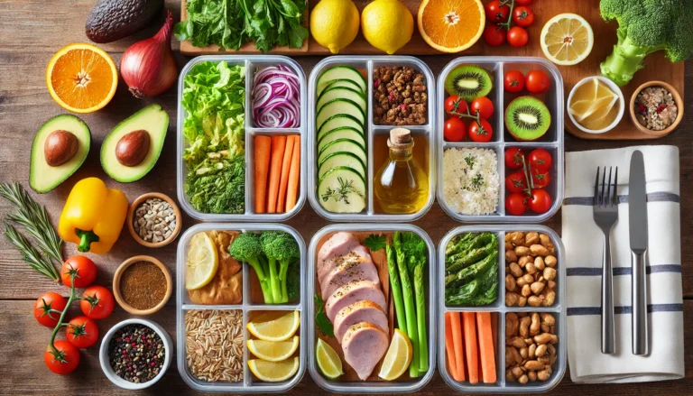 A top-down view of a well-organized meal prep setup for liver health, showcasing pre-portioned containers filled with fresh vegetables, lean chicken breast, whole grains, avocado, and olive oil, arranged neatly on a wooden surface with fresh herbs and citrus fruits in the background