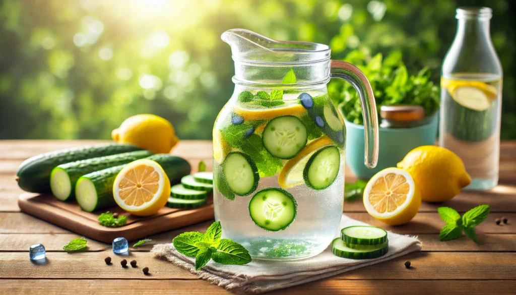 Best Way to Flush Kidneys and Liver: Science-Backed Detox Strategies for Optimal Health 1 A glass jug filled with detox water infused with fresh cucumber slices, lemon wedges, and mint leaves, placed on a wooden table with a lush green outdoor background. The soft sunlight enhances the refreshing and cleansing feel, symbolizing natural kidney and liver detox
