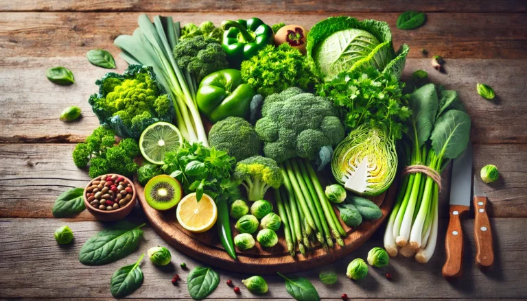 A vibrant assortment of fresh green vegetables and herbs, including parsley, cilantro, kale, spinach, broccoli, and Brussels sprouts, displayed on a rustic wooden board. The natural lighting and earthy tones highlight their role in supporting kidney and liver detoxification