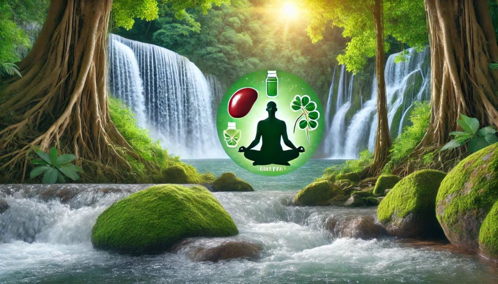Best Way to Flush Kidneys and Liver: Science-Backed Detox Strategies for Optimal Health 2 A tranquil scene of a person meditating beside a waterfall, enveloped by lush green foliage. The flowing water symbolizes inner cleansing and detoxification, while the peaceful setting represents stress relief and support for kidney and liver health
