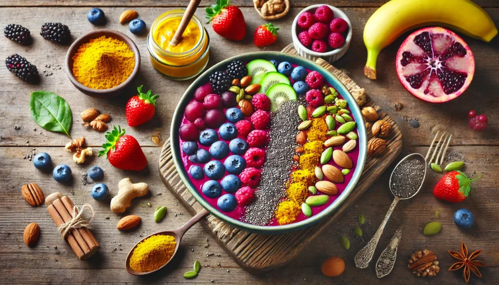 Best Way to Flush Kidneys and Liver: Science-Backed Detox Strategies for Optimal Health 3 A vibrant smoothie bowl filled with detoxifying ingredients such as berries, chia seeds, turmeric, and nuts, arranged artistically on a wooden table. The fresh, colorful presentation highlights the natural detox benefits for kidney and liver health