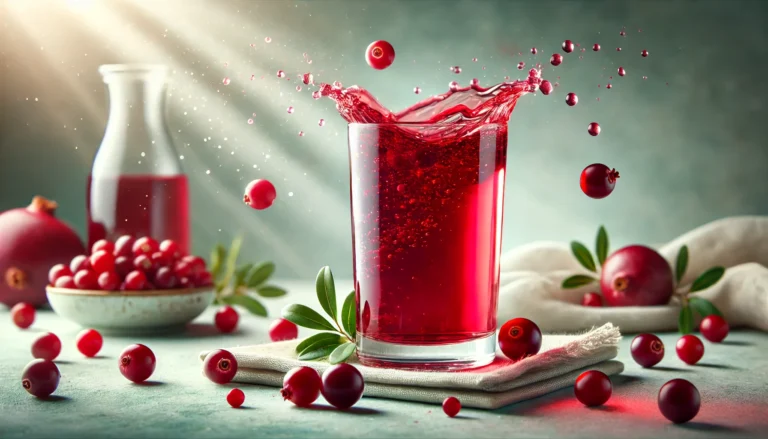 A vibrant glass of cranberry juice with fresh cranberries splashing into it, symbolizing refreshment and health benefits. The background is a clean, natural setting with soft lighting to emphasize purity and wellness