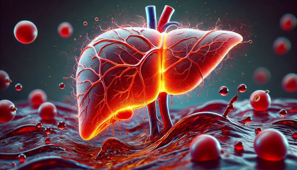 A detailed 3D-rendered image of a human liver glowing with a healthy red-orange hue, surrounded by a flowing cranberry juice stream. The image symbolizes the detoxifying effects of cranberry juice on liver health