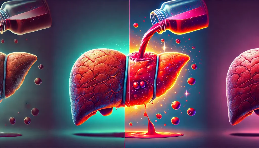 A comparison concept image showing a liver before and after detoxification. On the left, a dull, unhealthy liver, and on the right, a vibrant, glowing liver with cranberry juice pouring over it, illustrating the positive effects of cranberry juice on liver health